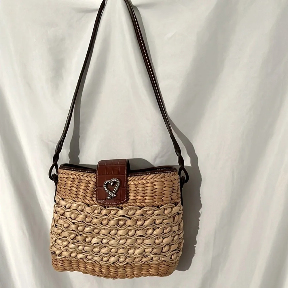 Brighton Ruth Straw Raffia Woven Tan Shoulder Bag Leather Trim